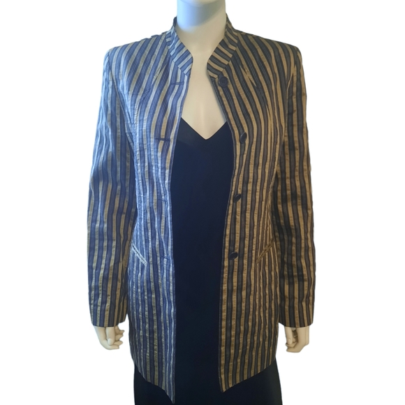 Vtg VOTRE NOM Linen Blend Striped Mandarin Collar Blazer Sz S Navy/Olive - Picture 3 of 10